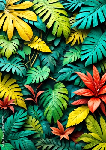 Vibrant Tropical Leaves Pattern — Colorful Monstera & Palm Foliage Background