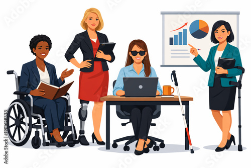 Diverse team of women with disabilities collaborating in a modern office environment