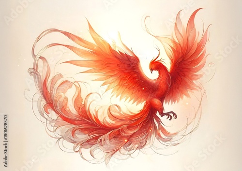 Fiery Phoenix Rising — Elegant Red Bird with Flowing Feathers, Fantasy Illustration