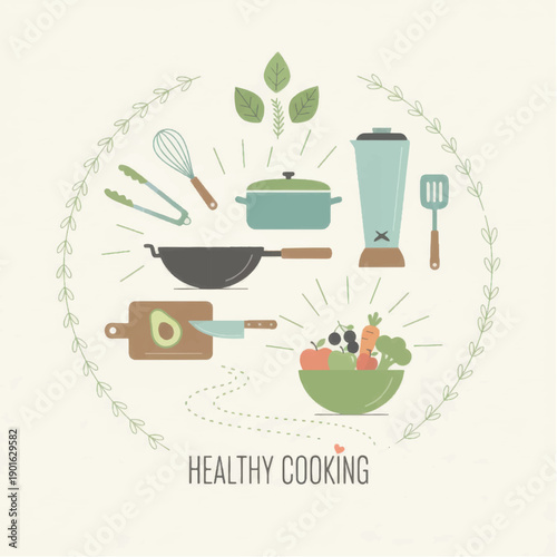 Healthy Cooking Utensils and Ingredients Illustration.
