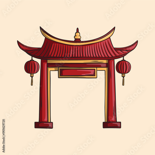 Illustration of a Traditional Chinese Archway with Hanging Red Lanterns