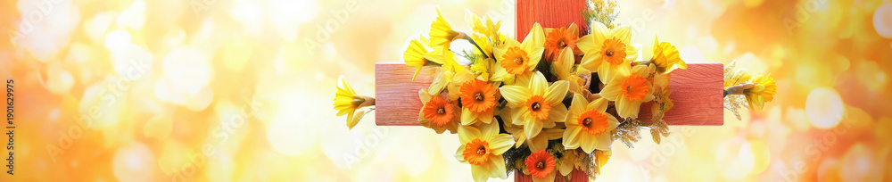 Fototapeta premium Colorful daffodil Easter cross with sunshine yellow and orange hues, easter wreath, daffodils, sunflowers