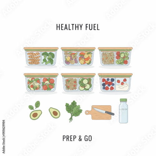 Healthy Meal Prep Containers With Fresh Ingredients For Nutritious Eating.