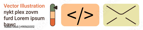 Software development, coding, communication, email, interface design, digital tools. Code brackets, email envelope and placeholder text blocks. Coding and communication concepts