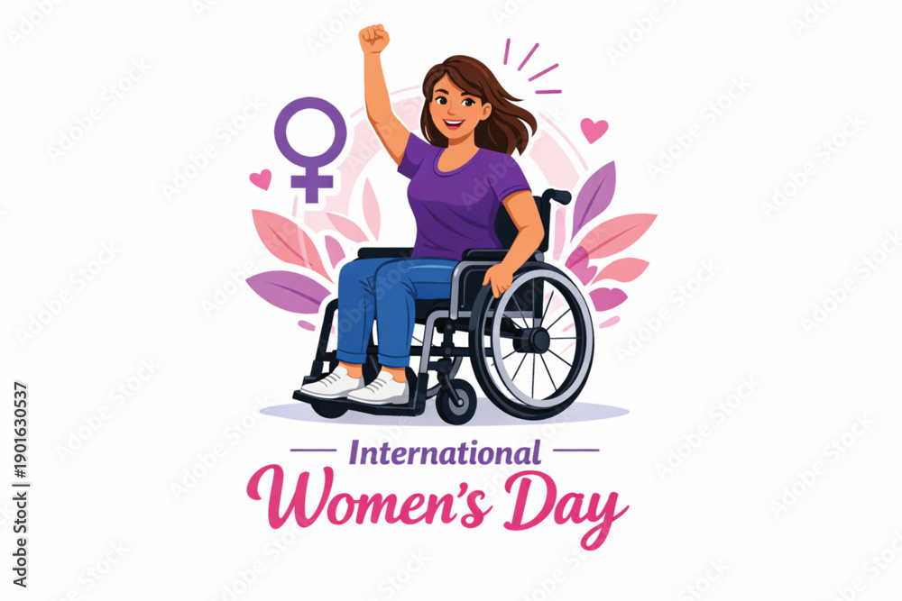 Fototapeta premium Happy International Women's Day illustration with a woman in a wheelchair raising her fist