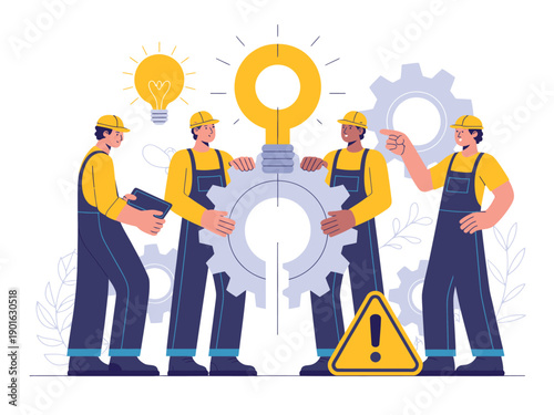 A team of workers in yellow hard hats and blue overalls assembling a large gear with a warning sign nearby