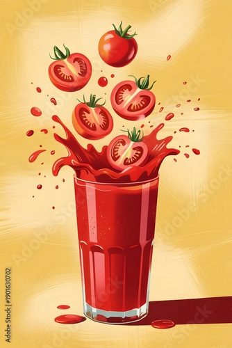 Bright red fresh tomato juice in glass with flying halves tomatoes, dynamic splashes, swirl, drops on yellow background.