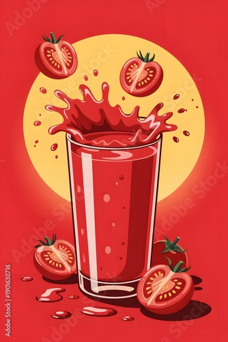 Bright red fresh tomato juice in glass with flying halves tomatoes, dynamic splashes, swirl, drops on yellow background.