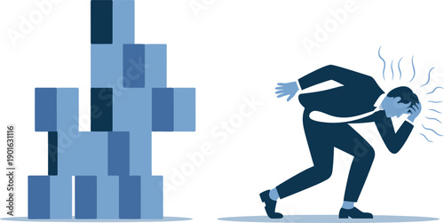 Stressed Businessman Facing a Tower of Blue Blocks, Overwhelmed by Workload