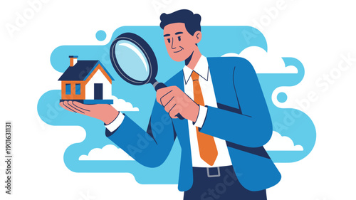 A businessman in a blue suit examines a small house with a magnifying glass in a thoughtful gesture.