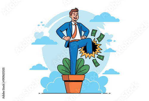 A cartoon businessman stands confidently on a potted plant with money exploding out of it