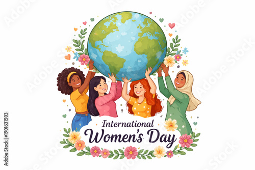International Women's Day celebrated by diverse women holding up the Earth together