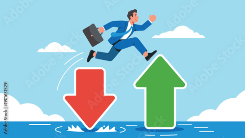 A businessman in a blue suit jumps over a red downward arrow to a green upward arrow in a blue sky with clouds.