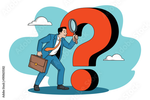 A cartoon businessman in a blue suit examines a large red question mark with a magnifying glass.