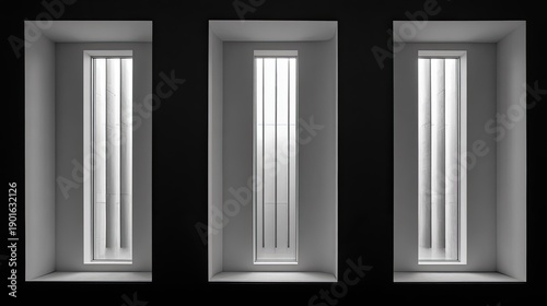 Three recessed windows with vertical bars, grayscale