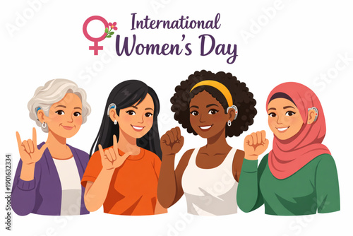 vector of women using hearing aids and sign language celebrating international women’s day on white background