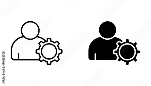 Set of account gear icons, vector symbols representing support staff roles, technical expertise, or user account settings. Illustrations on a white background.
