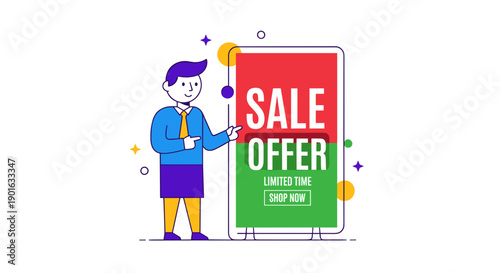 Cartoon Man Holding Sale Offer Sign.