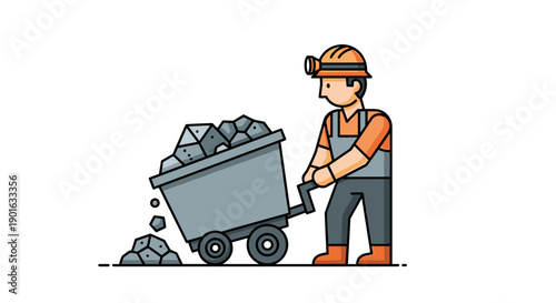 Cartoon Miner Pushing Coal Cart.