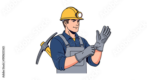 Cartoon Miner Wearing Safety Gear and Gloves.
