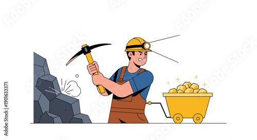 Cartoon Miner with Pickaxe and Trolley.