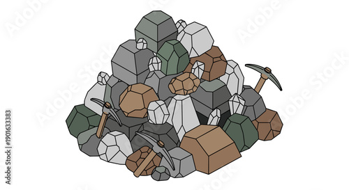 Cartoon Miners Working Together with Tools.