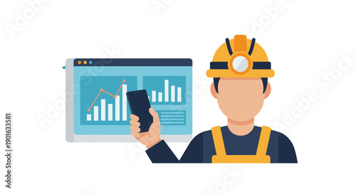 Construction Worker Holding Mobile Phone with Chart.
