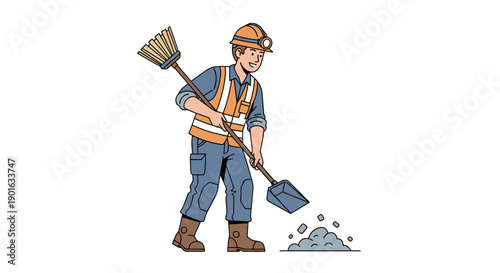 Construction Worker Sweeping with Broom and Shovel.
