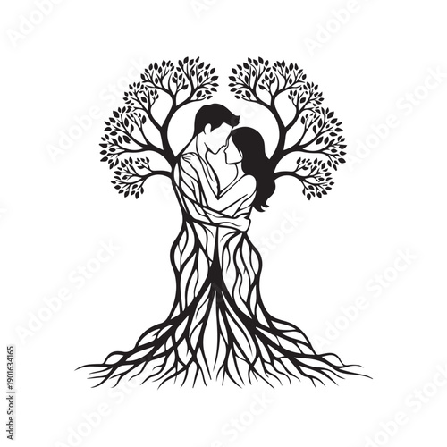 Surreal tree of life concept with silhouette of a couple embracing as roots and branches