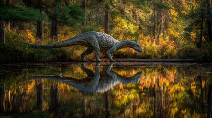 Dinosaur Reflecting in Calm Water Amidst a Lush Forest Environment with Autumnal Hues.