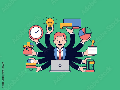 A cartoon businessman multitasking with various office tasks and objects.