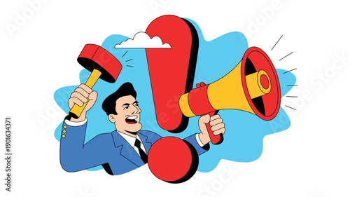 A cartoon businessman excitedly holding a megaphone and a sledgehammer with a large exclamation mark.