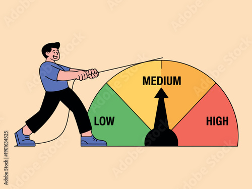 A man pulling a rope to move a risk level indicator from low to medium to high