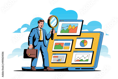 A businessman in a blue suit analyzes colorful graphs and charts on a large laptop screen with a magnifying glass.