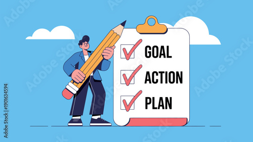 A cartoon man holding a giant pencil next to a clipboard with a goal action plan checklist on a blue background with clouds.