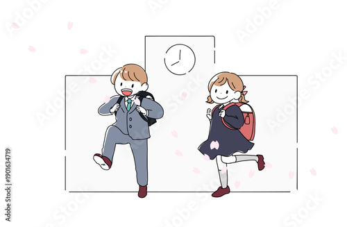 桜舞う入学式のイラスト　ランドセルを背負った小学生と校門　春の行事