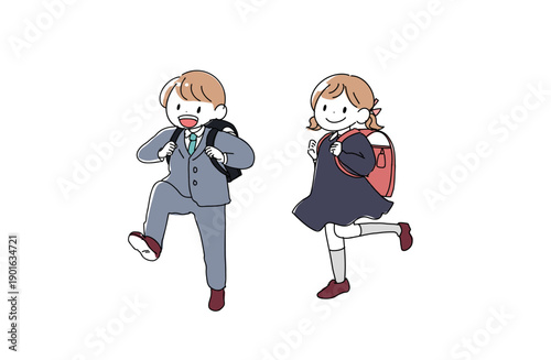 ランドセルを背負った新一年生の男女のイラスト　入学式　手書きベクター素材