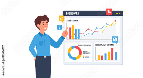 Man presenting data on dashboard screen.