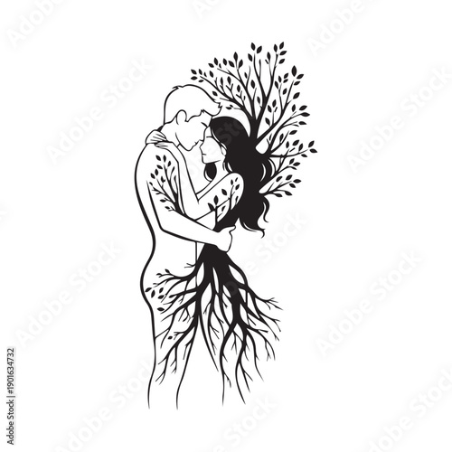Surreal tree of life concept with silhouette of a couple embracing as roots and branches