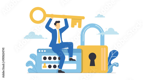 A businessman unlocking a large padlock with a giant key, symbolizing security and access control.