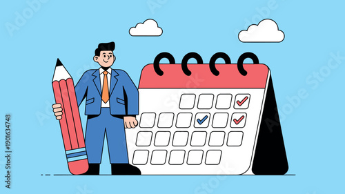 A cartoon businessman in a blue suit stands next to a large calendar and pencil, planning his schedule.