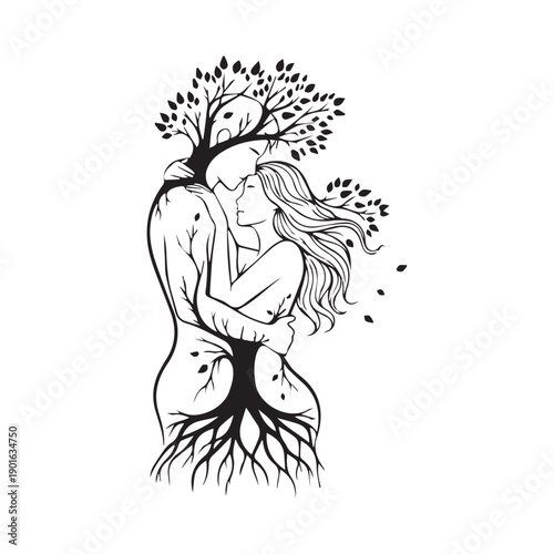 Surreal tree of life concept with silhouette of a couple embracing as roots and branches