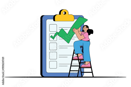 A woman sitting on a ladder marks a large checklist with a green checkmark, symbolizing task completion and satisfaction.