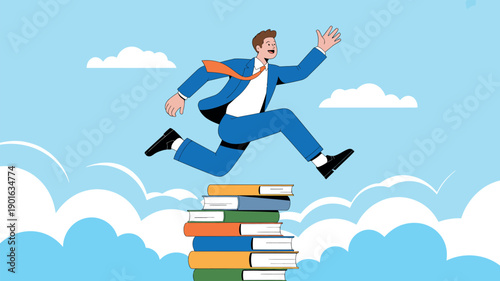 A cartoon businessman jumping over a stack of books in a blue sky with clouds