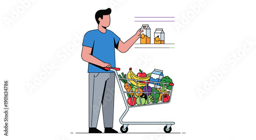 Man Shopping with Cart Full of Groceries.