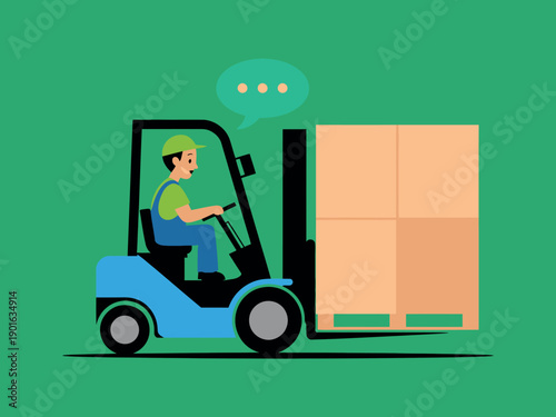 A cartoon man operating a blue forklift with a large cardboard box on a green background