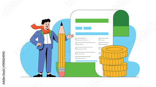 A cartoon man in a blue suit stands next to a large pencil and a document with a green header, surrounded by coins.