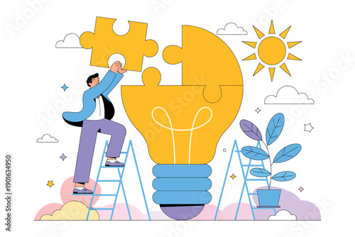 A man on a ladder placing a puzzle piece into a large lightbulb with a sunny background