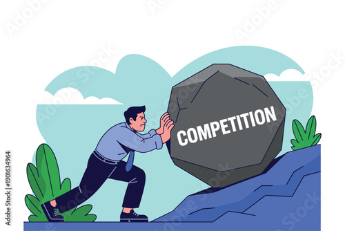 A determined businessman pushing a large boulder labeled competition up a hill, symbolizing the struggle and challenge of overcoming obstacles in a competitive environment.