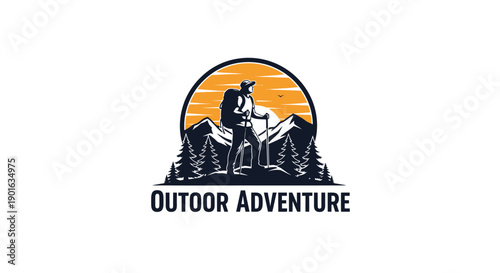 A lone hiker with a backpack and walking stick stands atop a mountain peak.